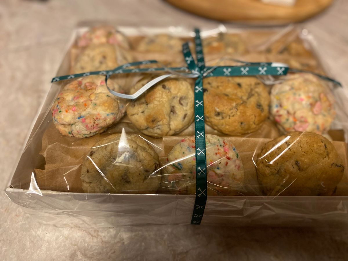 Cookies individually wrapped in cellophane inside a gift box